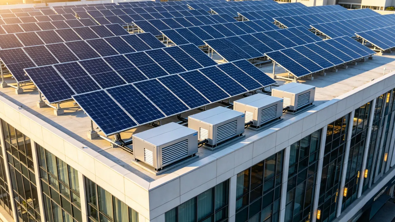 a commercial rooftop solar photovoltaic system installed on a modern office building.