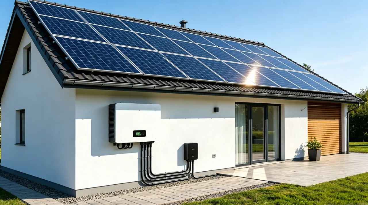 A modern residential rooftop solar photovoltaic system with a wall-mounted inverter