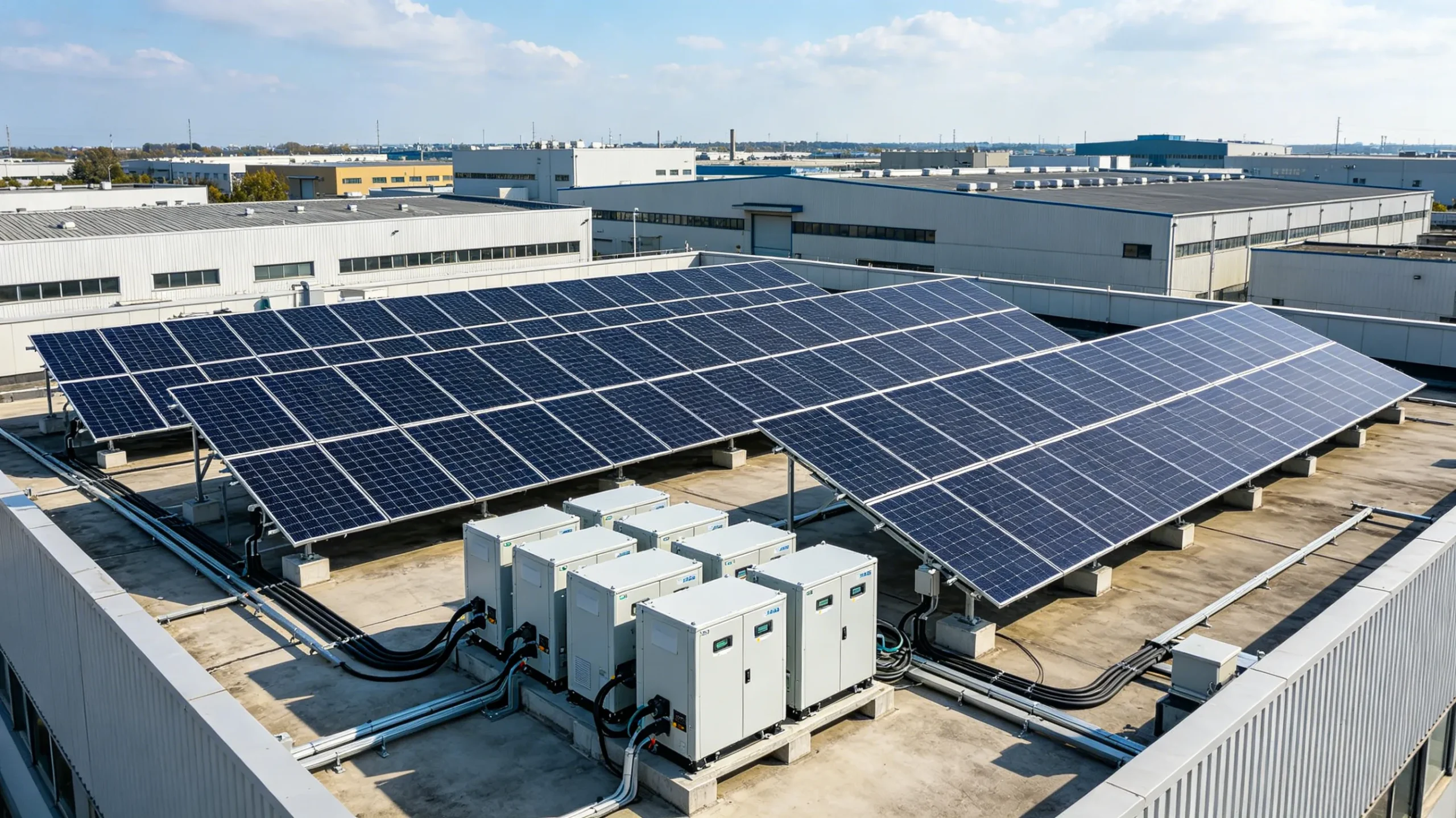 Solar photovoltaic system with integrated energy storage devices installed on industrial building