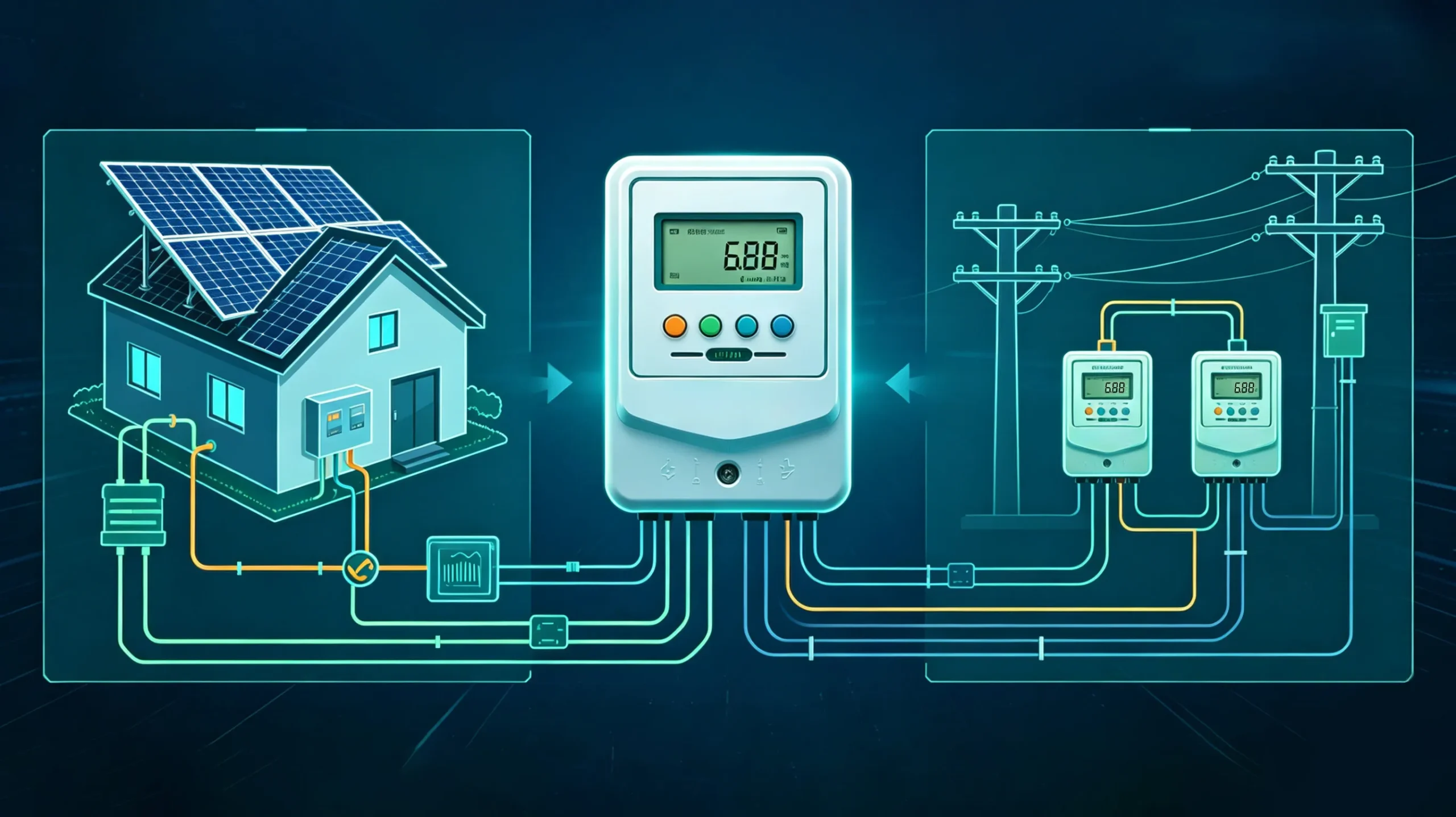 A diagram illustrating a residential solar power system with grid-tie metering and energy monitoring